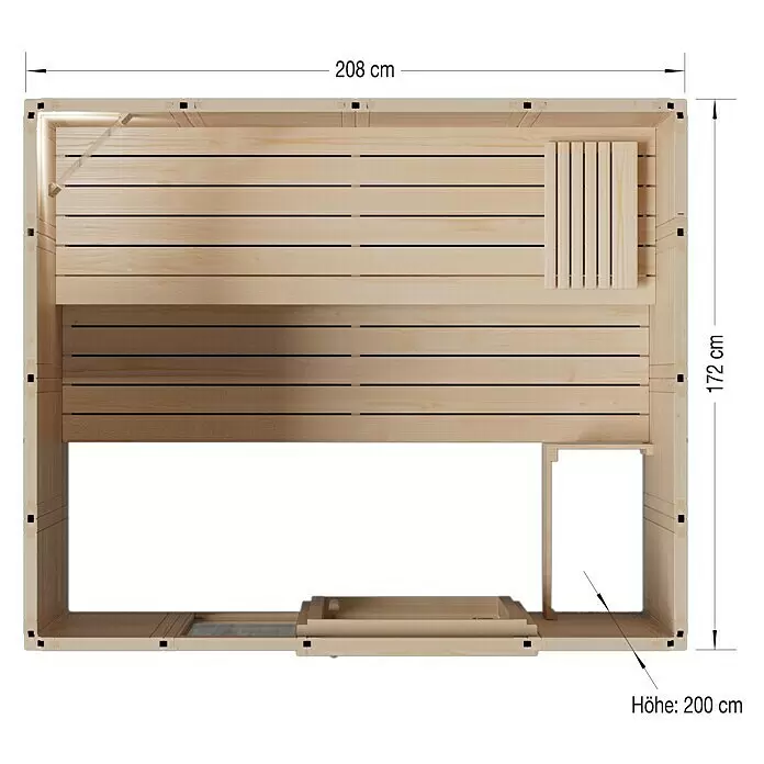Eilo Elementsauna 40-2117 - L x B x H: 172 x 208 x 200 cm, Ohne Ofen - Helle Holzsaunakabine (oben), mit Innenbänken und Ofenschutz. Maße 208x172x200 cm.