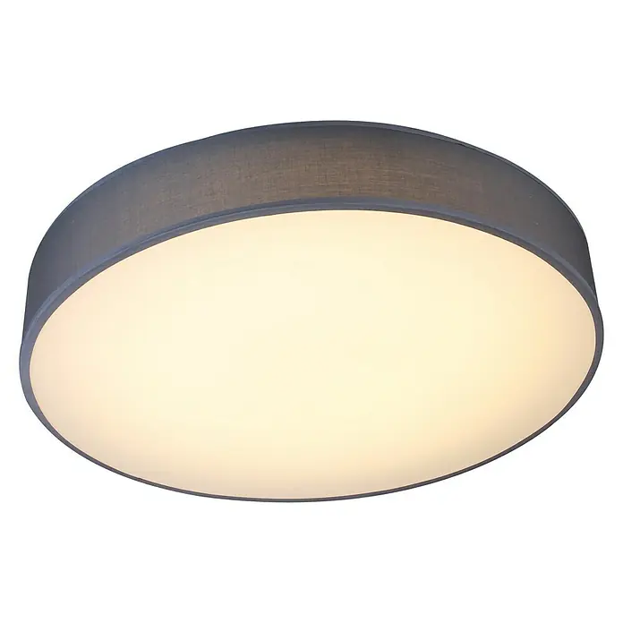 Tween Light LED-Deckenleuchte rund Mandas - 75 W, Ø x H: 700 mm x 11 cm, Grau, Weiß - Nahaufnahme einer runden, grauen Stoff-Deckenleuchte mit einer hellen, diffusen Lichtfläche. Die Leuchte hat ein modernes, schlichtes Design.