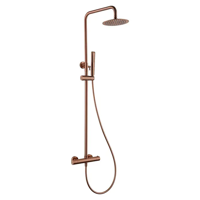 Imex Nápoles Sistema de ducha - Grifo termostático, Oro rosa - Una elegante columna de ducha de color cobre con un cabezal de ducha fijo y una ducha de mano. El diseño moderno añade un toque lujoso a cualquier baño.