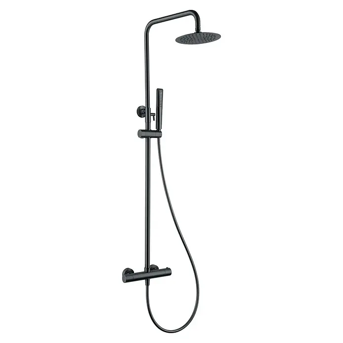 Imex Nápoles Sistema de ducha - Grifo termostático, Black gun - Sistema de ducha negro con rociador superior y ducha de mano. Diseño elegante para baños modernos, con grifo termostático y manguera flexible.