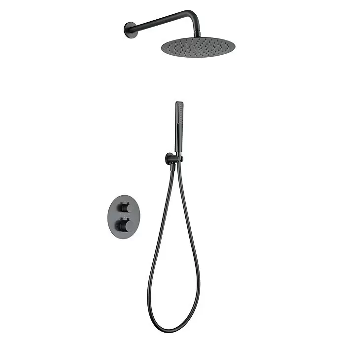 Imex Nápoles Sistema de ducha empotrado - Black gun - Sistema de ducha negro mate con rociador redondo, ducha de mano y panel de control termostático de pared.