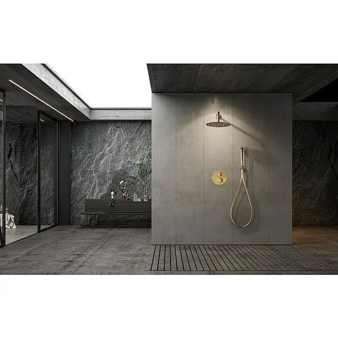 Imex Nápoles Sistema de ducha empotrado - Oro - Esta imagen muestra una elegante ducha de baño con detalles dorados, agregando un toque de lujo. La ducha presenta un diseño moderno y elegante.