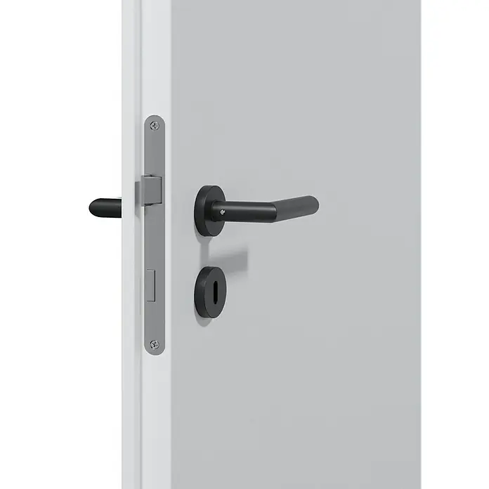 Invado Zimmertür ND1 - 860 x 2.110 mm, DIN Anschlag: Links, Verkehrsweiß matt, Röhrenspan - Nahaufnahme einer eleganten, grauen Tür mit einem modernen schwarzen Türgriff und Schloss.