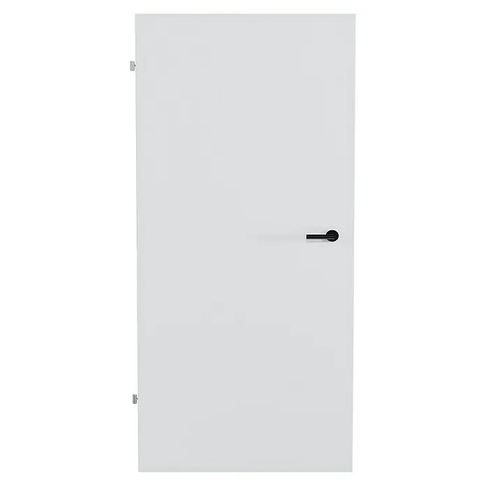 Invado Zimmertür ND1 ohne Schlüssellochbohrung - 735 x 1.985 mm, DIN Anschlag: Links, Verkehrsweiß matt, Röhrenspan - Modernes, minimalistisches weißes Türblatt mit einem eleganten, schwarzen Türgriff, das Design und Funktionalität vereint.