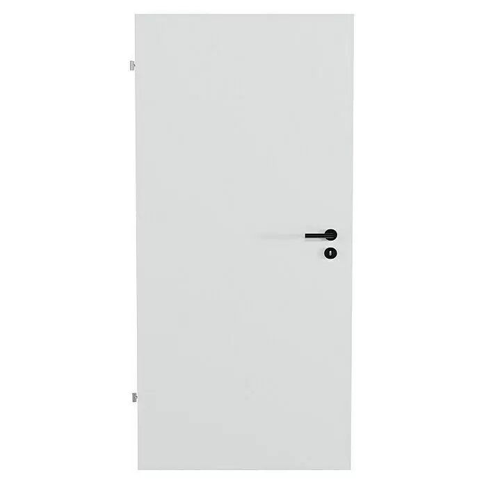 Invado Zimmertür ND1 - 860 x 2.110 mm, DIN Anschlag: Links, Verkehrsweiß matt, Röhrenspan - Weiße Tür mit einem eleganten schwarzen Griff und passendem schwarzen Schlüsselloch.