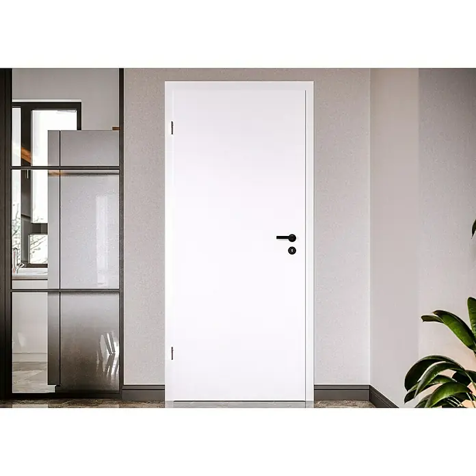 Invado Zimmertür ND1 - 860 x 2.110 mm, DIN Anschlag: Links, Verkehrsweiß matt, Röhrenspan - Eine moderne, weiße Innentür mit schlichtem, schwarzem Türgriff und minimalistischem Design, passend für ein stilvolles Zuhause.