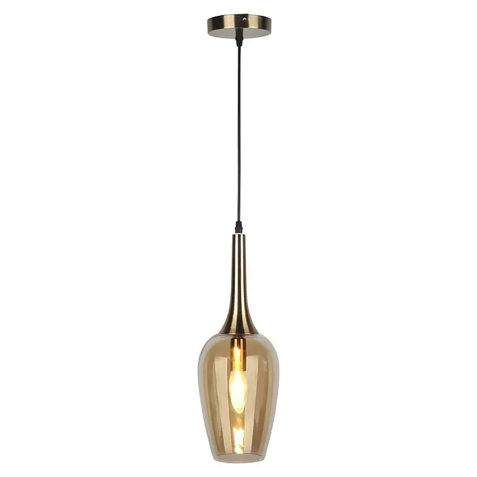 Lámpara colgante - L x An x Al: 15 x 15 x 150 cm, Ámbar, E27 - Primer plano de una elegante lámpara colgante con pantalla de vidrio color ámbar y accesorio dorado, que emite un brillo cálido.