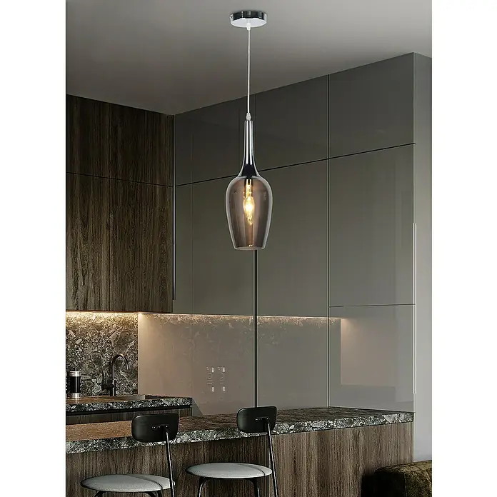 Lámpara colgante - L x An x Al: 15 x 15 x 150 cm, Fumé, E27 - Elegante lámpara colgante con pantalla de vidrio ahumado y acabado cromado. Ideal para cocinas modernas o comedores.