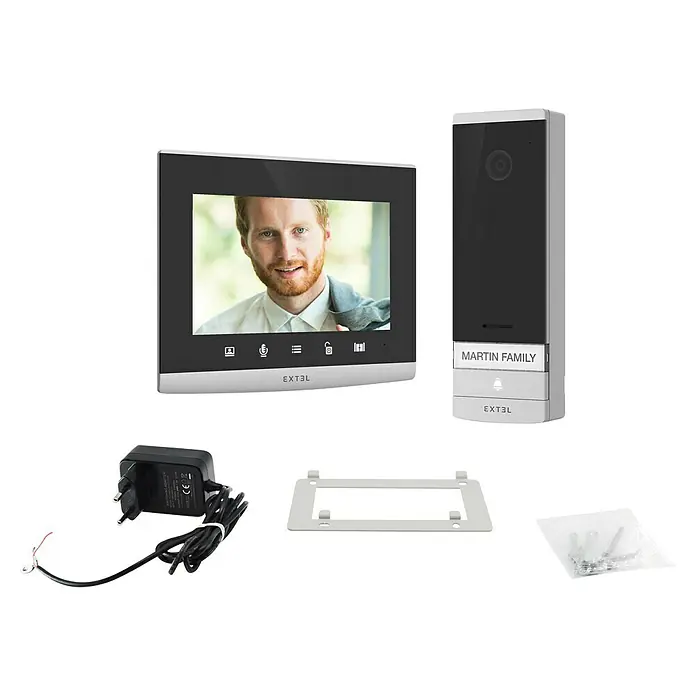 Extel Farb-Video-Türsprechanlage Connect 2 - 2-Draht-Technik, Bildschirmgröße: 7″, 800 x 480 Pixel, Extel Connect App - Das Extel-Video-Türsprechanlagenset für eine sichere und bequeme Zugangskontrolle zu Ihrem Zuhause. Mit Monitor, Außenstation und Zubehör.
