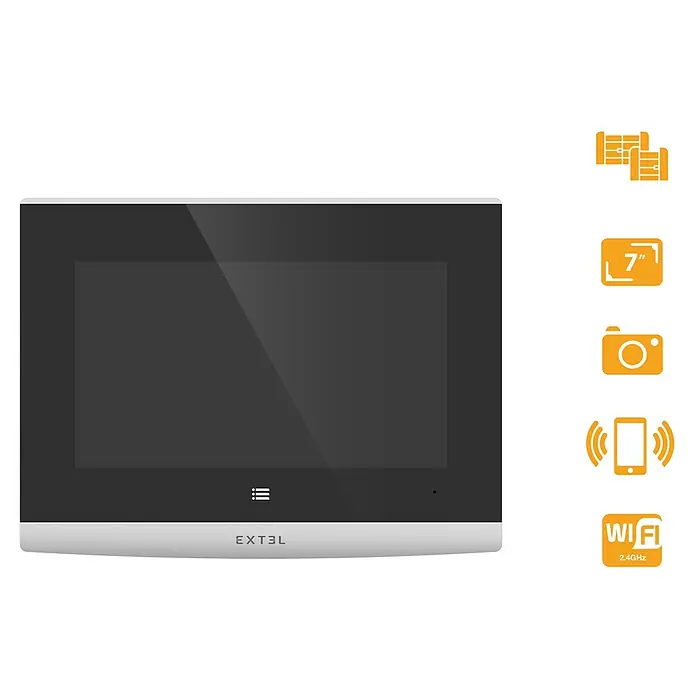 Extel Farb-Video-Türsprechanlage Connect 2 - 2-Draht-Technik, Bildschirmgröße: 7″, 800 x 480 Pixel, Extel Connect App - Bild eines Extel-Video-Türsprechanlagenmonitors mit 7-Zoll-Bildschirm, WLAN-Konnektivität und Kamerafunktion für mehr Sicherheit.