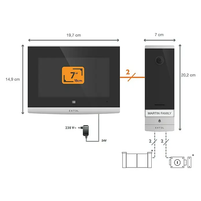 Extel Farb-Video-Türsprechanlage Connect 2 - 2-Draht-Technik, Bildschirmgröße: 7 ", 800 x 480 Pixel, Extel Connect App - Abbildung eines Extel-Video-Türsprechanlagen-Sets mit den Abmessungen des Monitors und der Aussenstelle.
