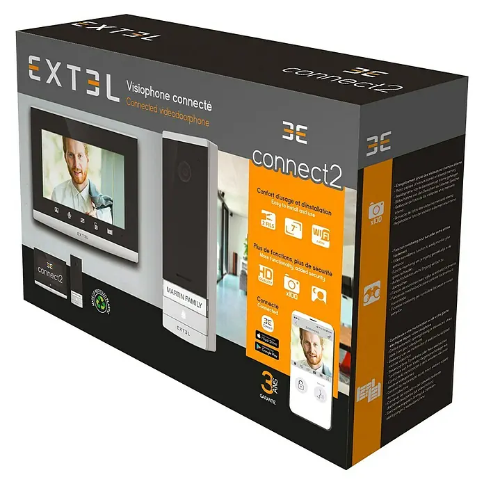 Extel Farb-Video-Türsprechanlage Connect 2 - 2-Draht-Technik, Bildschirmgröße: 7″, 800 x 480 Pixel, Extel Connect App - Produktverpackung für die EXTEL Connect 2 Video-Türsprechanlage, die eine einfache Installation und verbesserte Sicherheit bietet.