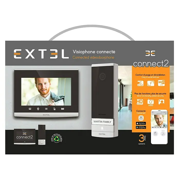 Extel Farb-Video-Türsprechanlage Connect 2 - 2-Draht-Technik, Bildschirmgröße: 7 ", 800 x 480 Pixel, Extel Connect App - Das Extel Connect 2 ist ein vernetztes Video-Türsprechanlagen-Set mit einem Monitor, einer Kamera und einer benutzerfreundlichen App für mehr Sicherheit.