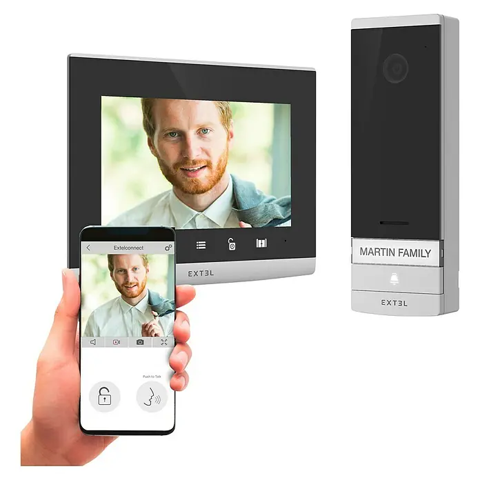 Extel Farb-Video-Türsprechanlage Connect 2 - 2-Draht-Technik, Bildschirmgröße: 7″, 800 x 480 Pixel, Extel Connect App - Intelligentes Extel-Türkommunikationssystem mit Monitor, Außenstation und Smartphone-App für bequeme Hausüberwachung.
