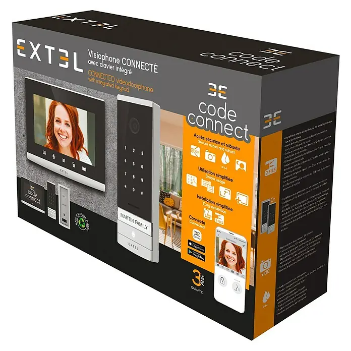 Extel Farb-Video-Türsprechanlage Code Connect - 2-Draht-Technik, Bildschirmgröße: 7″, 1.296 x 732 Pixel, Smarte Steuerung: Extel Connect - Box eines EXTEL Connected Video-Türsprechanlage mit integriertem Tastenfeld für sicheren und robusten Zugang.