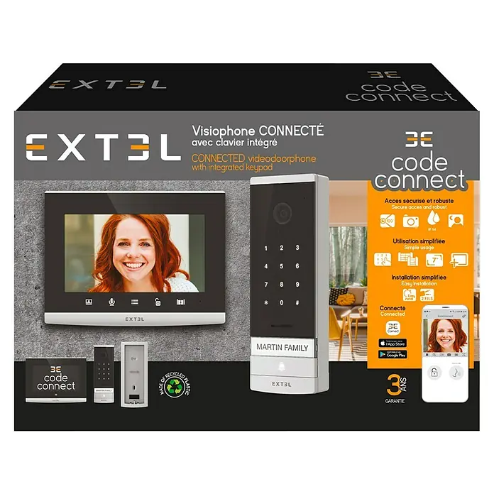 Extel Farb-Video-Türsprechanlage Code Connect - 2-Draht-Technik, Bildschirmgröße: 7″, 1.296 x 732 Pixel, Smarte Steuerung: Extel Connect - Verpackung der EXTEL Video-Türsprechanlage mit integrierter Tastatur, die sichere Zugangskontrolle und einfache Installation bietet.
