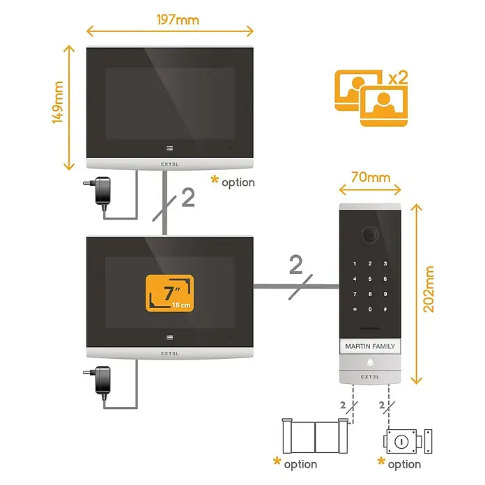 Extel Farb-Video-Türsprechanlage Code Connect - 2-Draht-Technik, Bildschirmgröße: 7″, 1.296 x 732 Pixel, Smarte Steuerung: Extel Connect - Abbildung eines Extel-Video-Türsprechanlagen-Sets mit Display, Außenstation und optionalem Zubehör mit Maßangaben.
