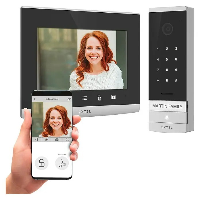 Extel Farb-Video-Türsprechanlage Code Connect - 2-Draht-Technik, Bildschirmgröße: 7″, 1.296 x 732 Pixel, Smarte Steuerung: Extel Connect - Intelligentes Türkommunikationssystem mit Display, Tastenfeld und Smartphone-Steuerung für moderne Sicherheit und Komfort.