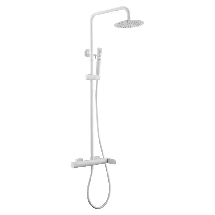 Imex Dinamarca Sistema de ducha - Grifo monomando, Blanco - Un sistema de ducha blanco con cabezal de lluvia y ducha de mano. El sistema incluye un mezclador termostático para el control de la temperatura y tiene un diseño moderno.