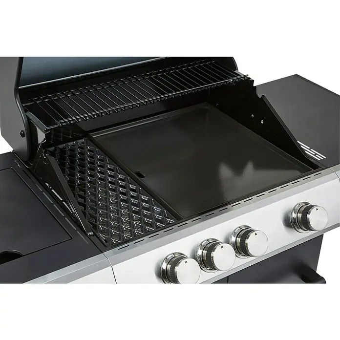 KESSER Plancha Grillplaat van roestvrij staal met deksel en vetafvoer, 40 x 30 cm, hittebestendig tot 800 °C, vaatwasmachinebestendig, voor gas en houtskoolgrill met 2 spatels, grillschort, grillmat