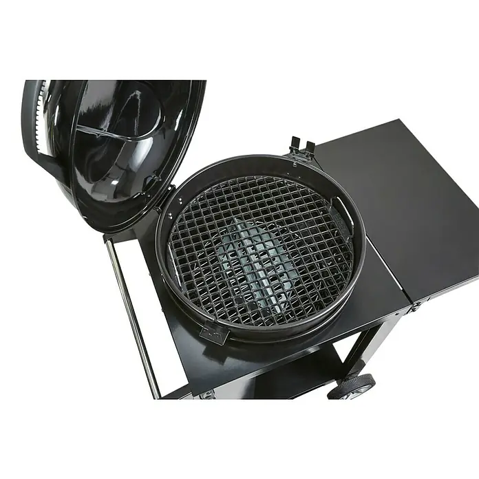 Kingstone Kugelgrill Sunset mit Grillwagen - Durchmesser Grillfläche: 55 cm, Schwarz - Nahaufnahme eines Holzkohlegrills mit geöffnetem Deckel und seitlicher Ablagefläche.