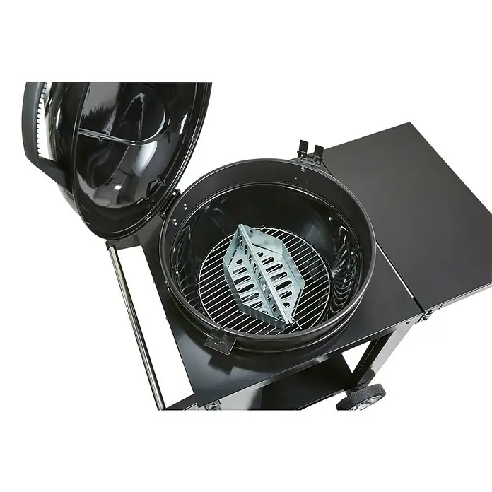 Kingstone Kugelgrill Sunset mit Grillwagen - Durchmesser Grillfläche: 55 cm, Schwarz - Nahaufnahme eines Holzkohlegrills mit geöffnetem Deckel und einem Grillrost mit einem Kohlebehälter.