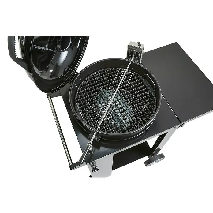 Kingstone Drehspieß - Passend für: Kingstone Gasgrill Cliff & Diner - Nahaufnahme eines schwarzen Kugelgrills mit Grillrost und Spieß, ideal zum Grillen im Freien. Die Seitenablage bietet zusätzlichen Platz.