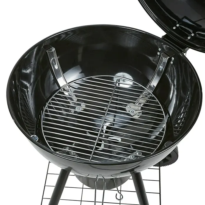 Kingstone Kugelgrill Sunset - Durchmesser Grillfläche: 55 cm, Schwarz - Ansicht eines offenen Holzkohlegrills mit Grillrost. Der Grill ist aus schwarzem Metall und hat einen verchromten Grillrost.
