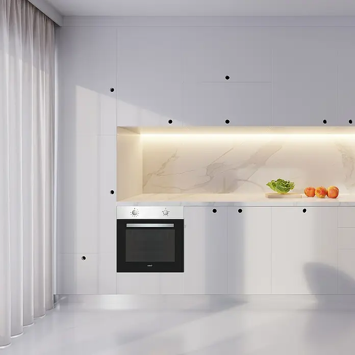Cata Horno empotrado SES 7004 X - Número de tipos de calentamiento: 5 ud., Volumen horno: 65 l - Horno empotrado en una cocina moderna y minimalista con armarios blancos y encimera de mármol. La cocina es luminosa y acogedora.