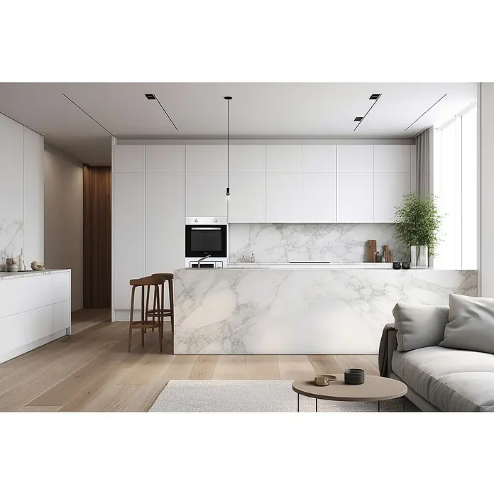 Cata Horno empotrado SES 7004 X - Número de tipos de calentamiento: 5 ud., Volumen horno: 65 l - Cocina elegante con armarios blancos, encimeras de mármol y lámparas colgantes modernas para un ambiente elegante.