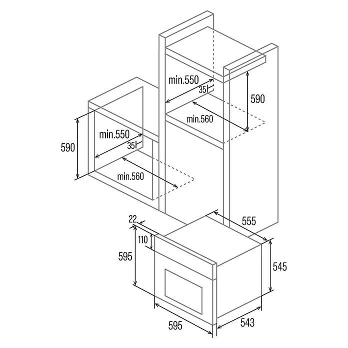 Cata Set de horno y zona de cocción MDS8007C - Volumen horno: 80 l, Negro y Inox - Un dibujo esquemático detallado de un mueble de cocina con dimensiones para la planificación e instalación, incluyendo las especificaciones de altura y anchura.