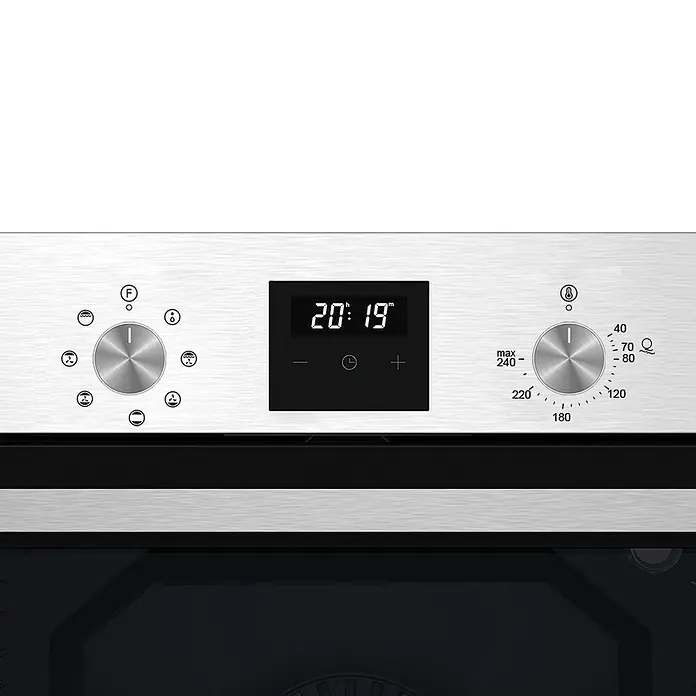 Cata Set de horno y zona de cocción MDS8007C - Volumen horno: 80 l, Negro y Inox - Primer plano de los controles de un horno plateado con diales y pantalla digital.