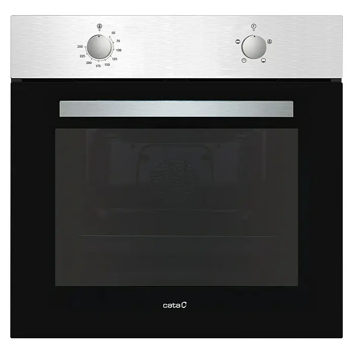 Cata Horno empotrado SES 7004 X - Número de tipos de calentamiento: 5 ud., Volumen horno: 65 l - Primer plano de un horno empotrable Cata en negro y plata, con mandos de control de temperatura y función.