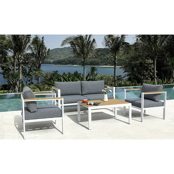 Sunfun Conjunto de muebles Selma - 4 pzs., Aluminio/Polywood, Blanco - Vista de un juego de patio con cojines grises y estructura blanca, dispuesto con una mesa, sillones y un sofá, perfecto para relajarse al aire libre.