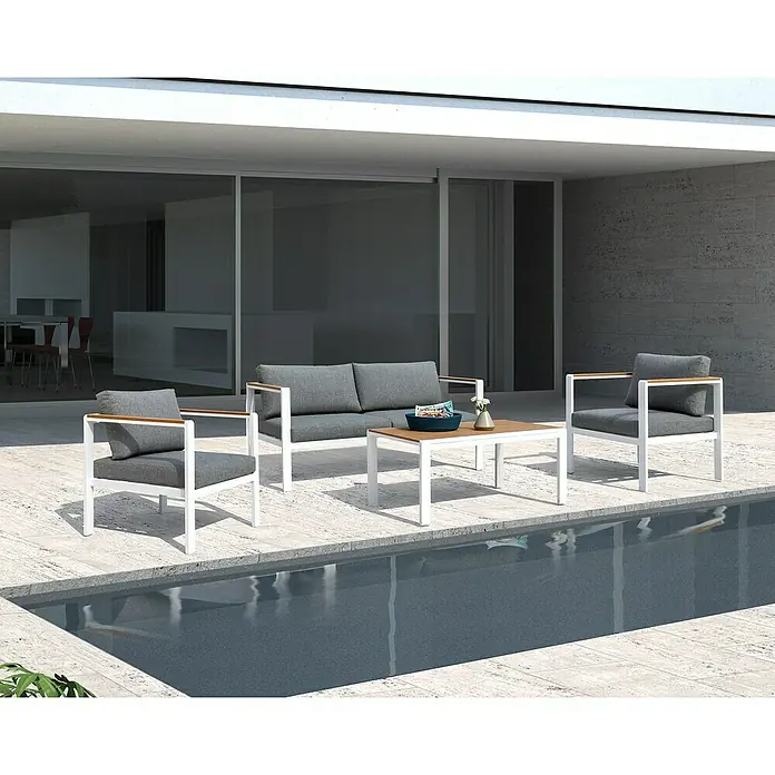 Sunfun Conjunto de muebles Selma - 4 pzs., Aluminio/Polywood, Blanco - Conjunto de muebles de exterior con sofá, sillones y mesa de centro, con estructura de metal blanco y cojines grises, ideal para relajarse al aire libre.
