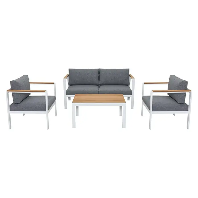 Sunfun Conjunto de muebles Selma - 4 pzs., Aluminio/Polywood, Blanco - Elegante conjunto de muebles de jardín con sofá, sillones y mesa. Ideal para relajarse al aire libre, con estructura blanca y cojines grises.