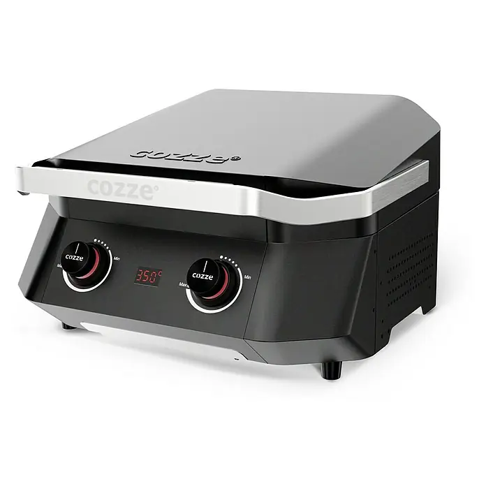 Cozze Elektrogrill E 500 - Grillfläche (B x T): 51 x 39 cm, 2,1 kW, Schwarz - Das Bild zeigt einen Cozze Pizzaofen in Schwarz und Silber. Dieser Ofen ist ideal für köstliche, selbstgemachte Pizza.