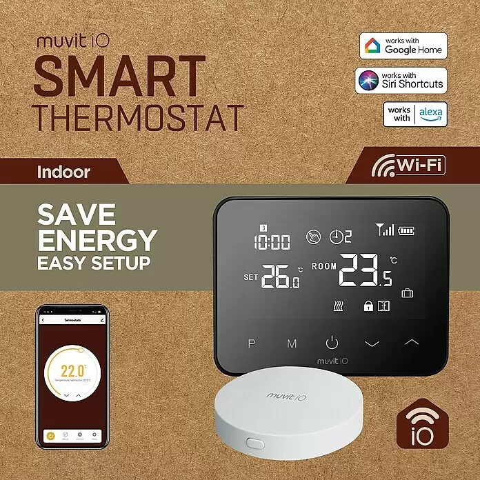 Muvit Termostato inteligente MIOSTH001 - Negro, L x An x Al: 2,35 x 12,5 x 9,8 cm - Sistema de termostato inteligente Muvit iO con unidad de pantalla negra, sensor remoto blanco y aplicación de smartphone para control de temperatura.