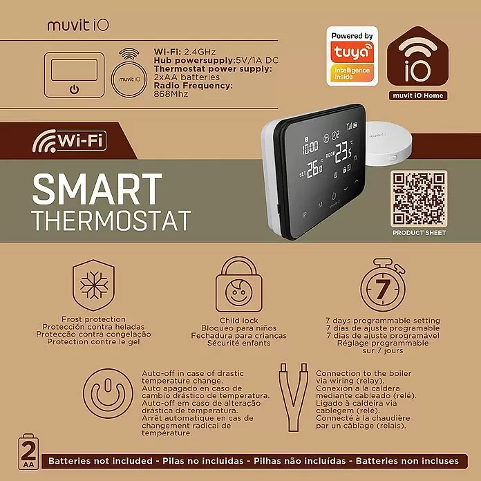 Muvit Termostato inteligente MIOSTH001 - Negro, L x An x Al: 2,35 x 12,5 x 9,8 cm - Sistema de termostato inteligente Muvit iO con unidad de pantalla digital blanca y negra y un hub blanco, con conectividad Wi-Fi.