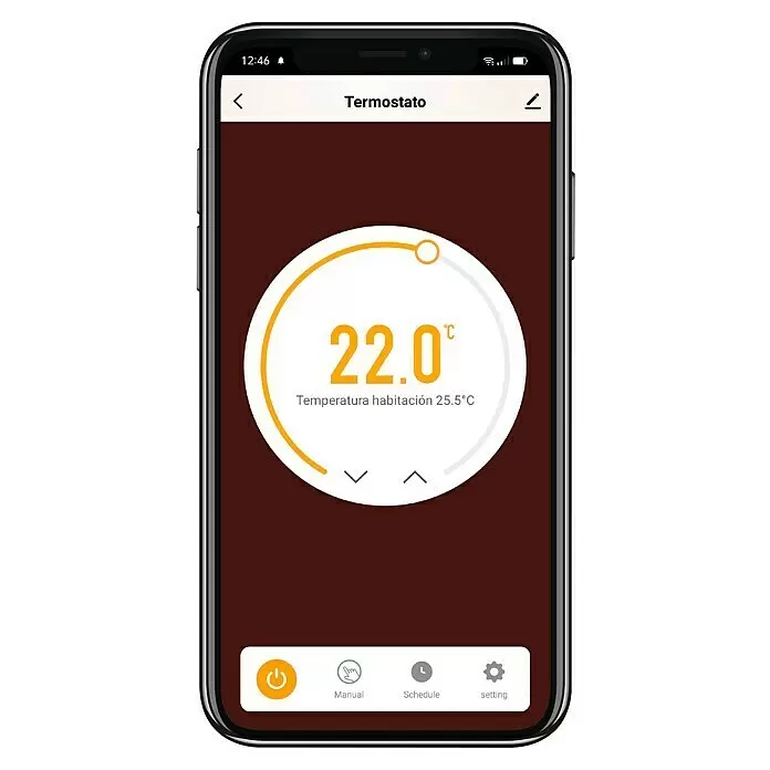 Muvit Termostato inteligente MIOSTH001 - Negro, L x An x Al: 2,35 x 12,5 x 9,8 cm - Smartphone negro mostrando una aplicación de termostato con una temperatura establecida de 22,0°C y una temperatura ambiente de 25,5°C.