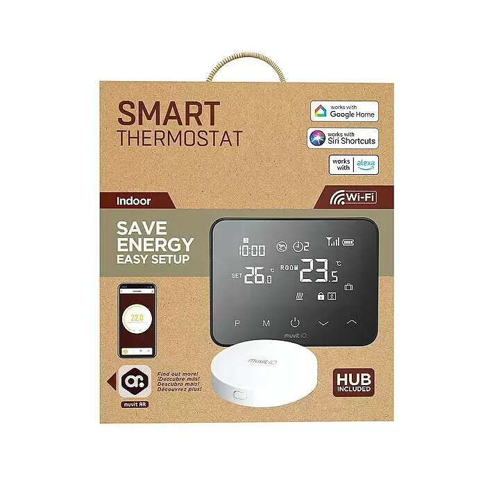 Muvit Termostato inteligente MIOSTH001 - Negro, L x An x Al: 2,35 x 12,5 x 9,8 cm - Caja de cartón para un termostato inteligente, mostrando la unidad de termostato negra con pantalla, un hub blanco y un smartphone con su app.