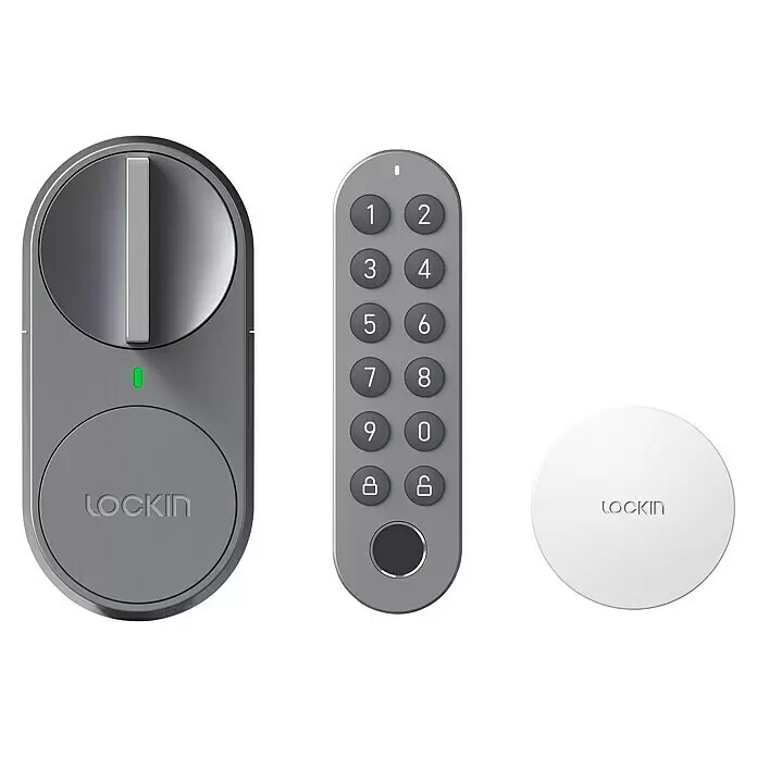 Set de cerradura electrónica Retrofit DiY - Gris, Número de componentes: 3 ud. - Componentes de cerradura inteligente grises: unidad interior, teclado externo y etiqueta redonda.