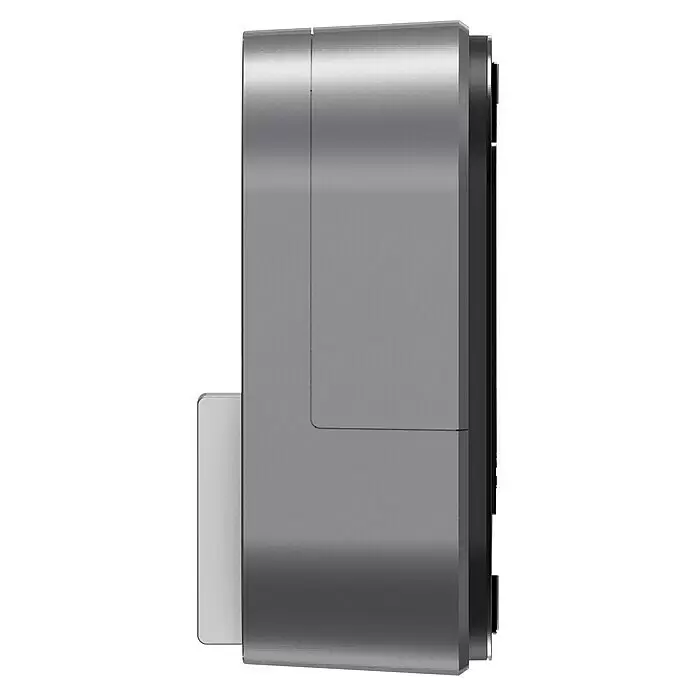 Set de cerradura electrónica Retrofit DiY - Gris, Número de componentes: 3 ud. - Perfil lateral de un componente de cerradura inteligente metálico plateado con lector de tarjetas a la izquierda.