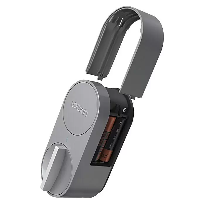 Set de cerradura electrónica Retrofit DiY - Gris, Número de componentes: 3 ud. - Cerradura inteligente gris plateado con la cubierta superior abierta, mostrando dos baterías marrones. Presenta el logo "LOCKIN" y una perilla blanca.