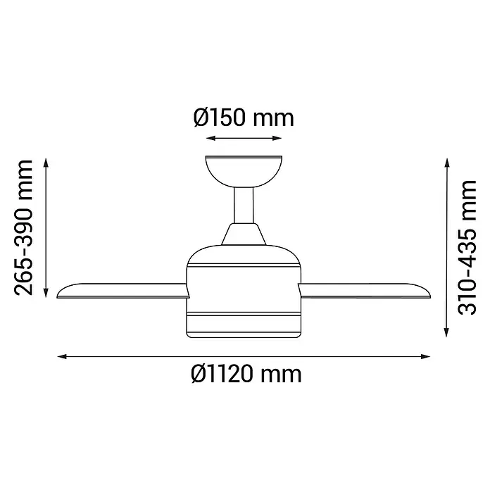 Sulion Ventilador de techo Havana - Marrón, 112 cm, 20 W, Blanco cálido - Representación de un ventilador de techo con sus dimensiones, utilizada para determinar su tamaño y su adecuación para diversas habitaciones.