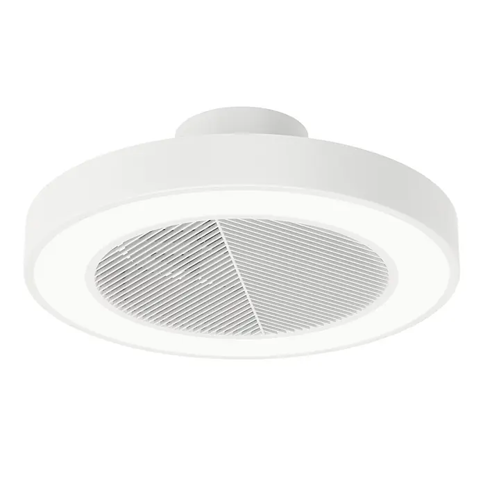 Sulion Ventilador de techo Leaf - Blanco, 50 cm, 26 W, Blanco cálido - Primer plano de una lámpara de techo blanca con un diseño redondo y minimalista y una rejilla de ventilación integrada.