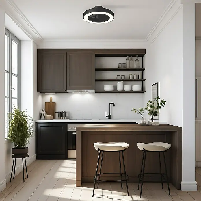 Sulion Ventilador de techo Leaf - Negro, 50 cm, 26 W, Blanco cálido - Cocina moderna con una lámpara de techo elegante. Su diseño complementa perfectamente los muebles de madera oscura, ofreciendo una iluminación agradable.