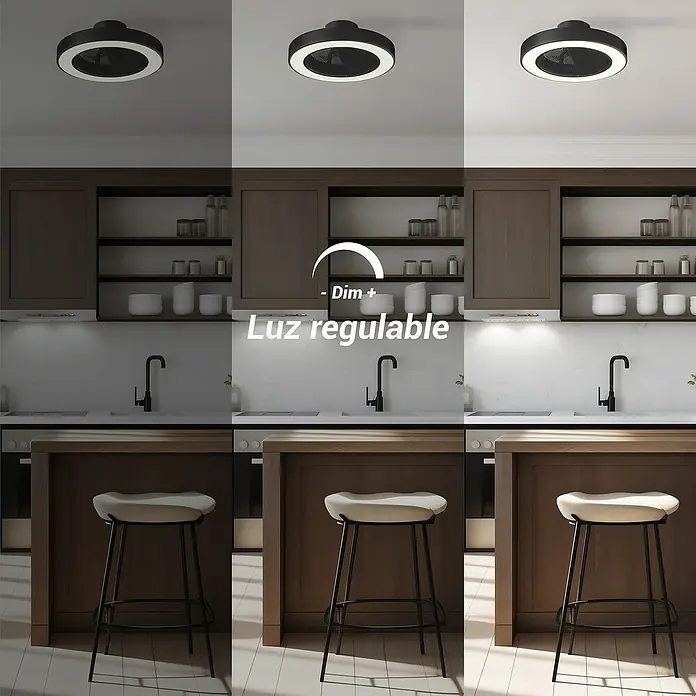 Sulion Ventilador de techo Leaf - Negro, 50 cm, 26 W, Blanco cálido - Variaciones de iluminación de una moderna lámpara de techo redonda en una cocina, destacando la función de atenuación.