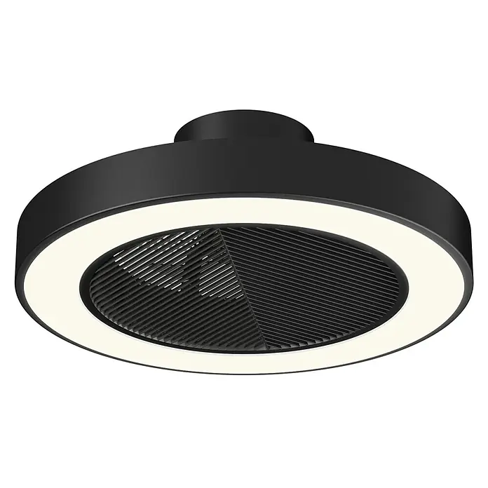 Sulion Ventilador de techo Leaf - Negro, 50 cm, 26 W, Blanco cálido - Primer plano de un moderno ventilador de techo negro con iluminación LED integrada, creando un ambiente elegante.