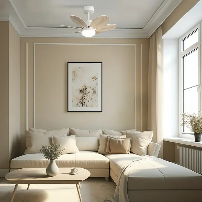 Sulion Ventilador de techo Menfis - Madera, 75 cm, 9 W - Una habitación elegante con un ventilador de techo decorativo, que se integra perfectamente en la decoración.